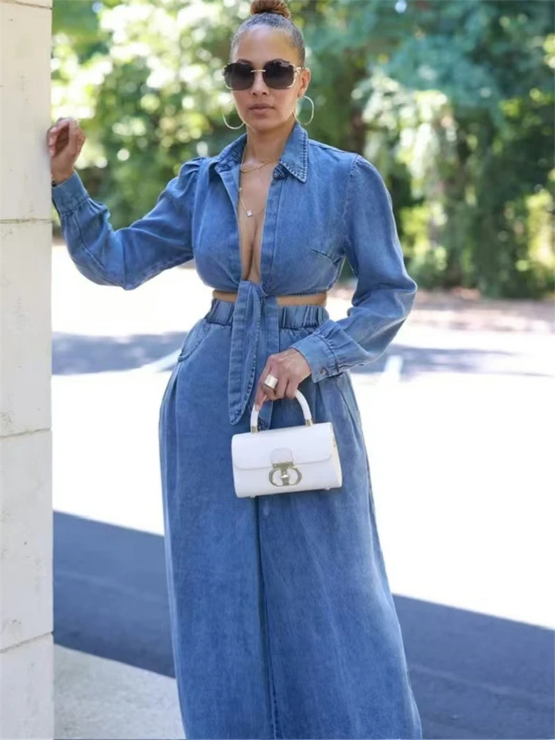 Roupa jeans feminina, camisa com renda, top cropped, calça de perna larga, moletom da moda, roupas de outono, conjuntos 2 pcs, 2024