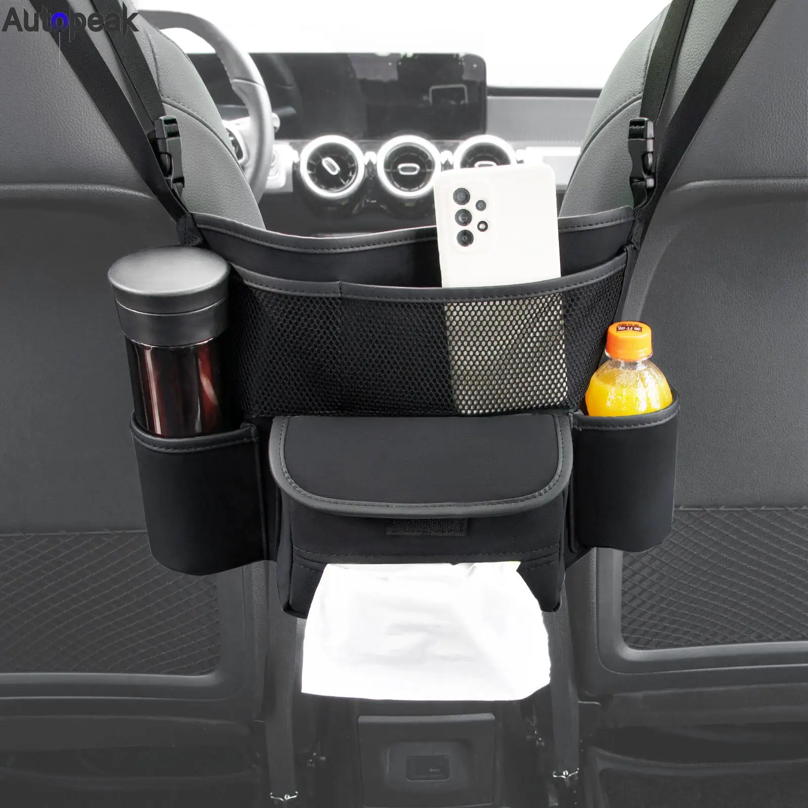 Leather Car Seat Middle Hanger Storage Bag Luxury Auto Handbag Holder Between Seats Tissue Water Cup Pockets Stowing Tidying Net