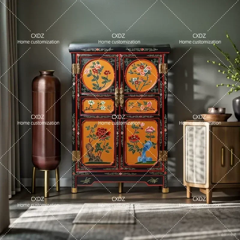 New Chinese Style Hand Painted Carved Lacquerware Side Cabinet Wall Storage Locker Modern Minimalist Light Luxury Living Room