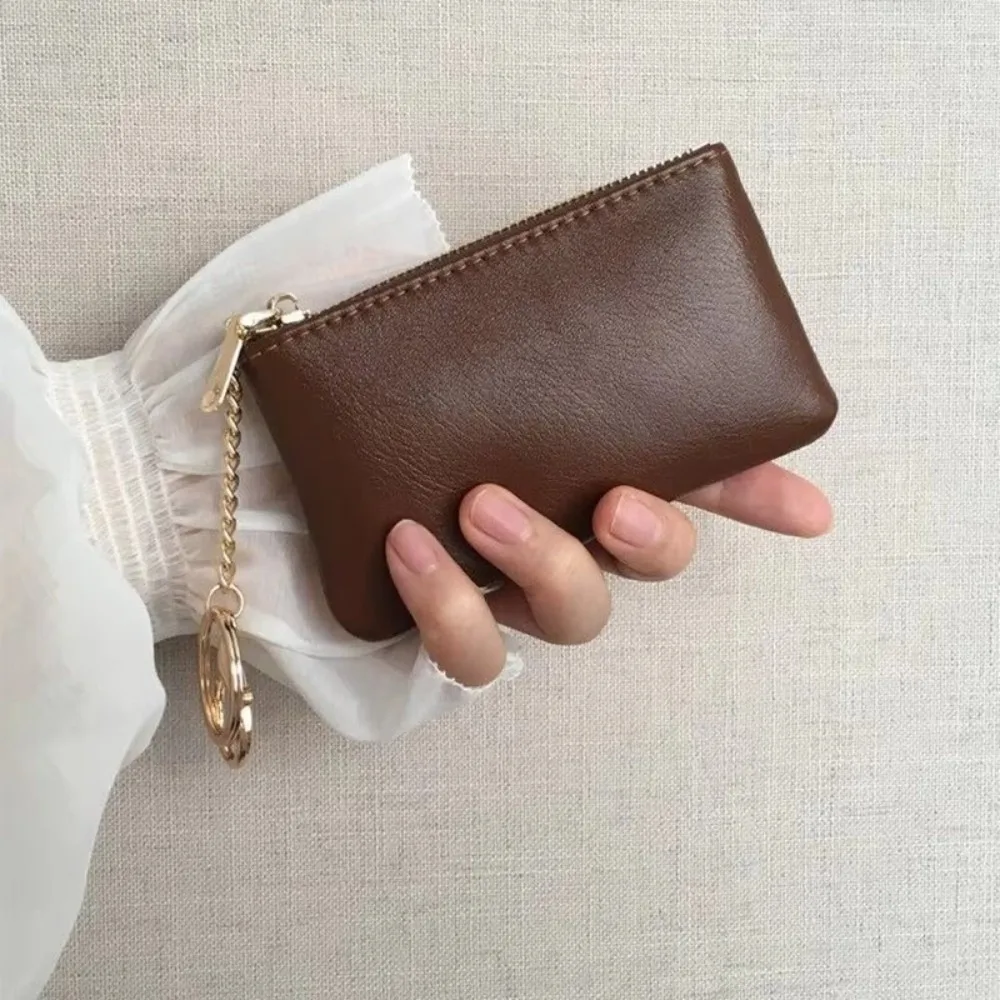 Retro PU Leather Mini Coin Purse with Metal Chain Keyring Solid Color Small Zipper Bag Thin Card Case