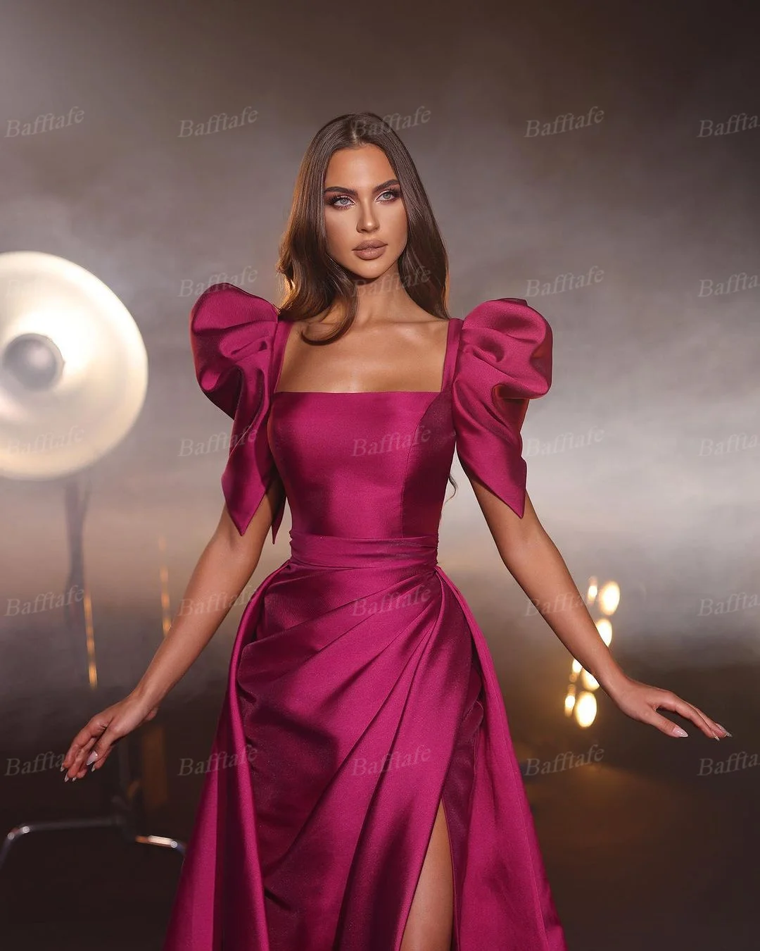 Customized Elegant Mermaid Satin Evening Dresses Square Neck Half Sleeves Formal Party Dress Pleat Slit Special Prom Gowns Women