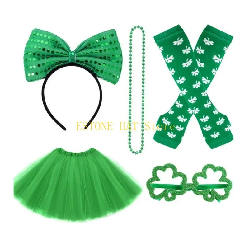 49mf Patrick's Day Kostüm Set Handschuhe Grüne Tutu -Rockbrillen Perlen Halsketten Partyzubehör für erwachsene Frau