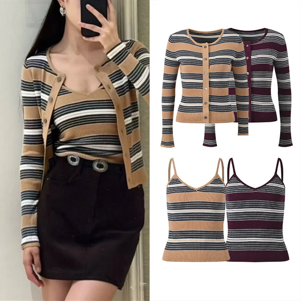 

High-End Khaki Striped Color Blo round Ne Knitted Cardigan And Tank Top Set Faionable Casual Sle for Women All Seasons
