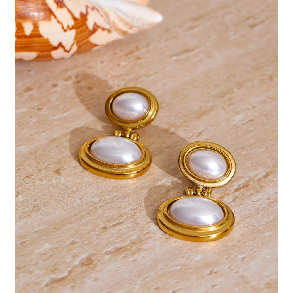 Yhpup Vintage Simulated Pearls Drop Fashion Earrings 18K Golden PVD Plated Stainless Steel Versatile Stylish Jewelry Waterproof