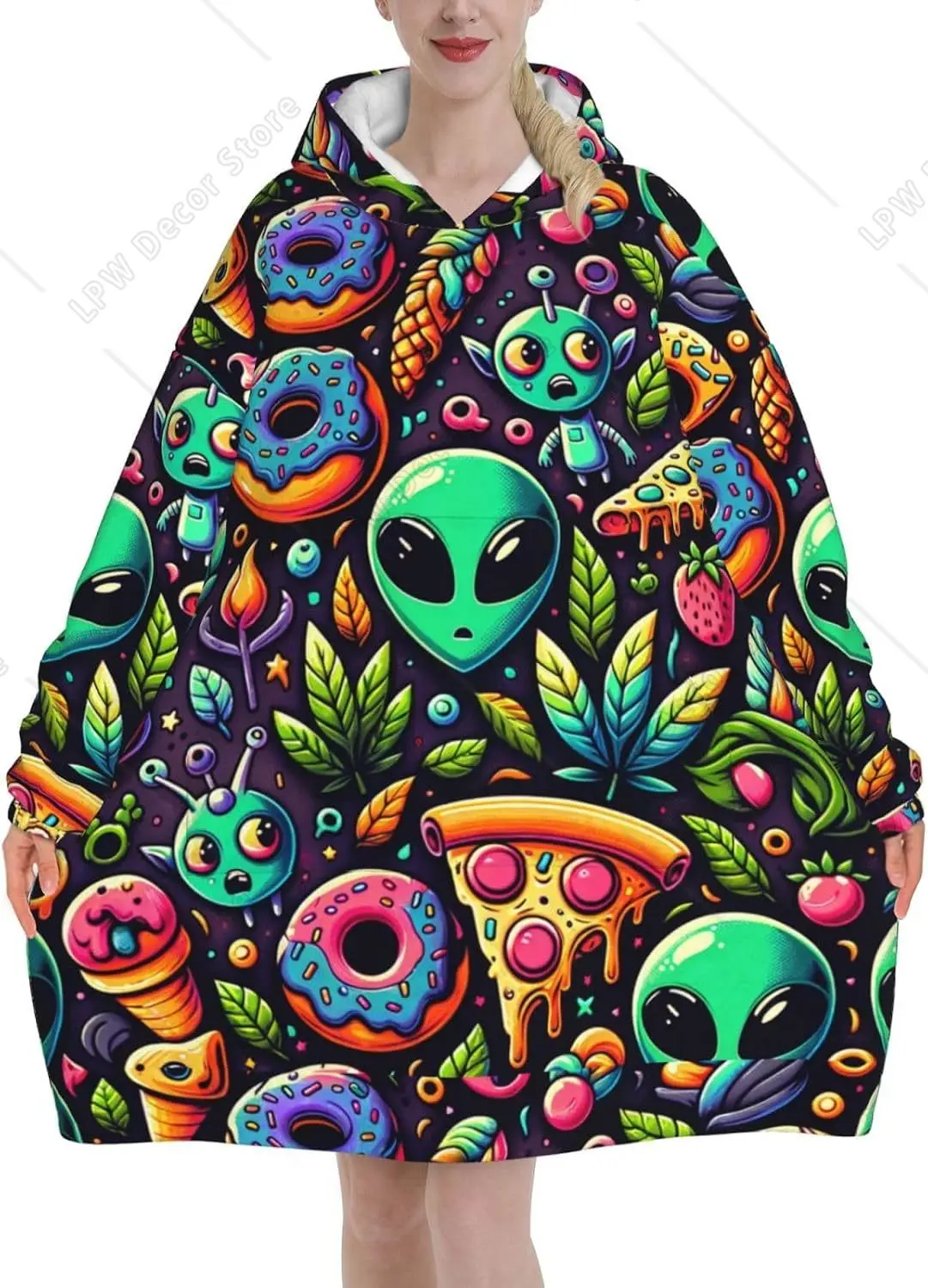 Oversized Flannel Wearable Blanket Hoodie For Adult Alien-Donut Soft Fuzzy Hooded Lounging Pullover Black