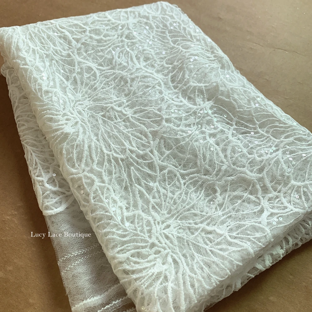 Off White Allover Rose Flowers Lace Fabric Sequined Shiny 1 Yard Milk Silk Embroidey Women Dress Lace Clothing DIY Lace Fabric