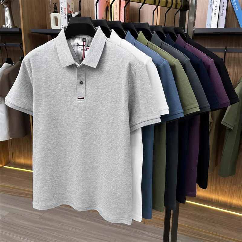 2026 Summer New Men's 100% Mercerized Cotton Short Sleeve Polo Shirt Premium Casual Business Breathable Tops with Striped Detail