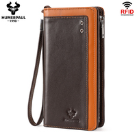 HUMERPAUL Genuine Leather Men's Wallet RFID Credit Card Holder with Passport Cover Business Long Cell Phone Clutch Purse