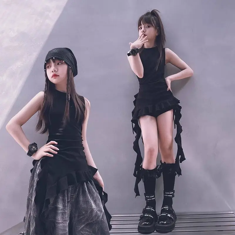 

Girls 2025 ruffle edge irregular vest top street dance fried street children's girl group performance clothes parent-child