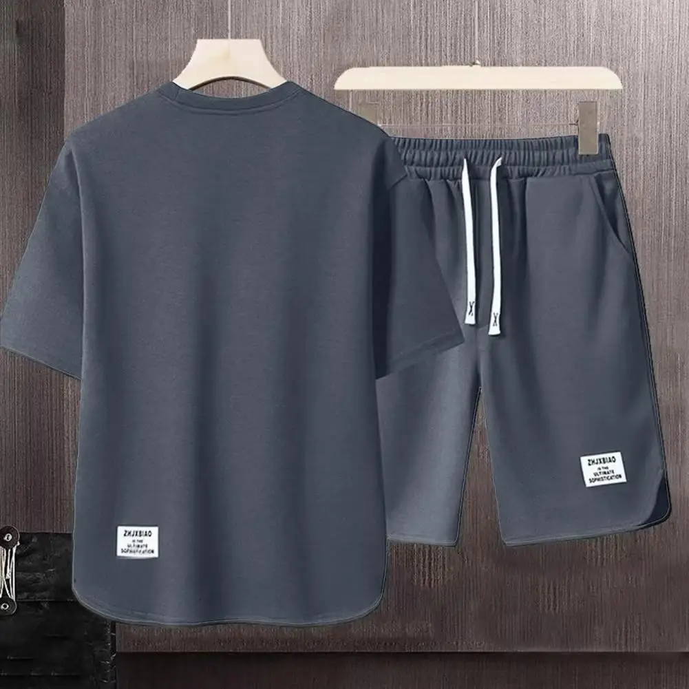 Short-sleeve T-shirt Shorts Set Retro Men's Sportswear Set Loose Solid Color T-shirt Shorts Combo with for Comfortable