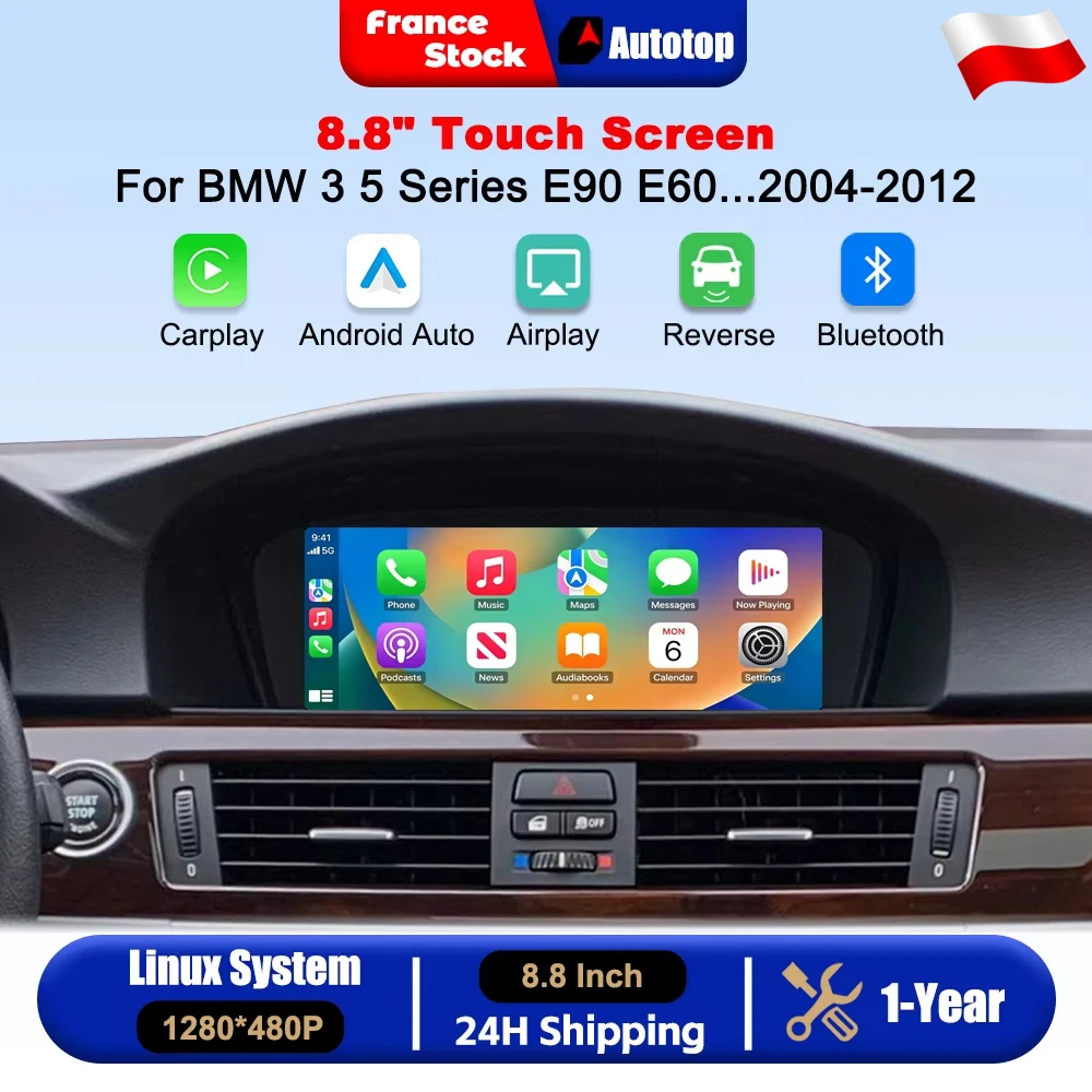 AUTOTOP 8,8-calowe bezprzewodowe radio samochodowe z CarPlay i Android Auto na systemie Linux dla BMW serii 3 i 5 E90 E91 E92 E60 E61 E63 E64 z systemem CCC CIC 2004-2012, inteligentny ekran dotykowy