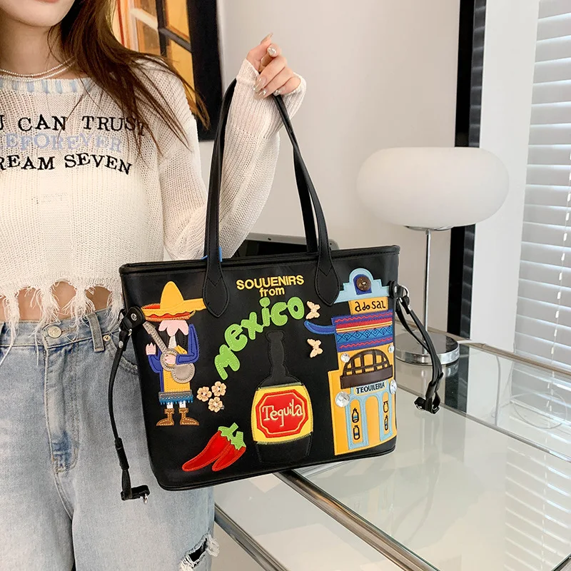 

Niche Embroidered Graffiti One Shoulder Tote Bag New Mexican Style Handheld Big Bag Large Capacity Underarm Commuter Bag sac vip