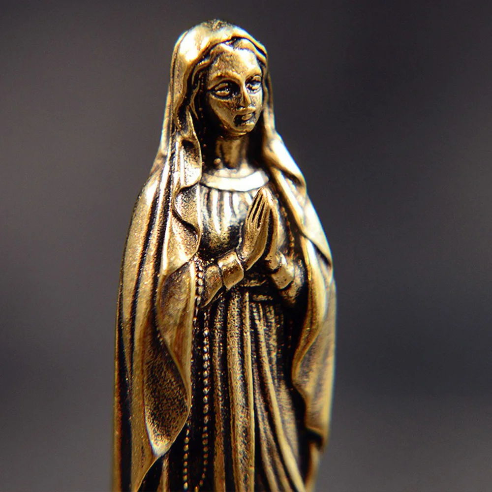 Brass Virgin Mary Figurines Portable Mini Vintage Style Religious Holy Mother Sculpture Collectibles