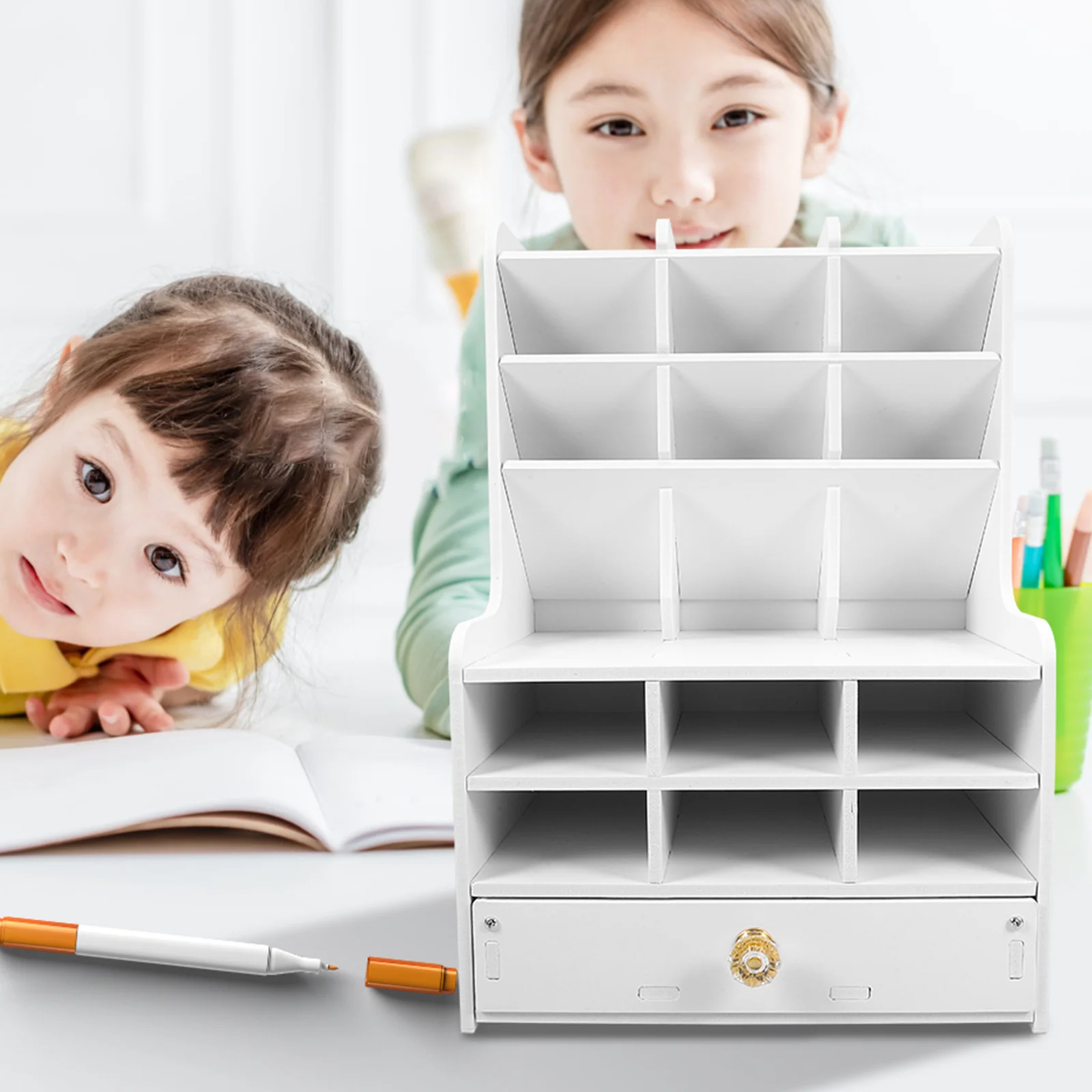 

Desk Organizer Drawer Pencil Holder Multi-Compartment PVC Wood Plastic Desktop Storage Box Office Study Stationery Rack