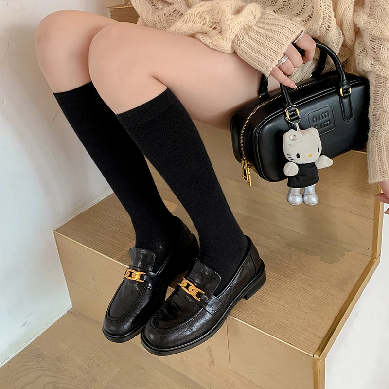 

Pumps Shoes for Winter Metal Trim Round Toe Loafers Shoes Sheep Skin Retro Hong Kong Style Chunky Heels Shoes Women 2024 New