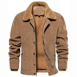 Men's Winter Corduroy Jacket Fleece Warm Lined Cargo Work Jacket Casual Thick Sherpa Collar Trucker Deck Navy Coats