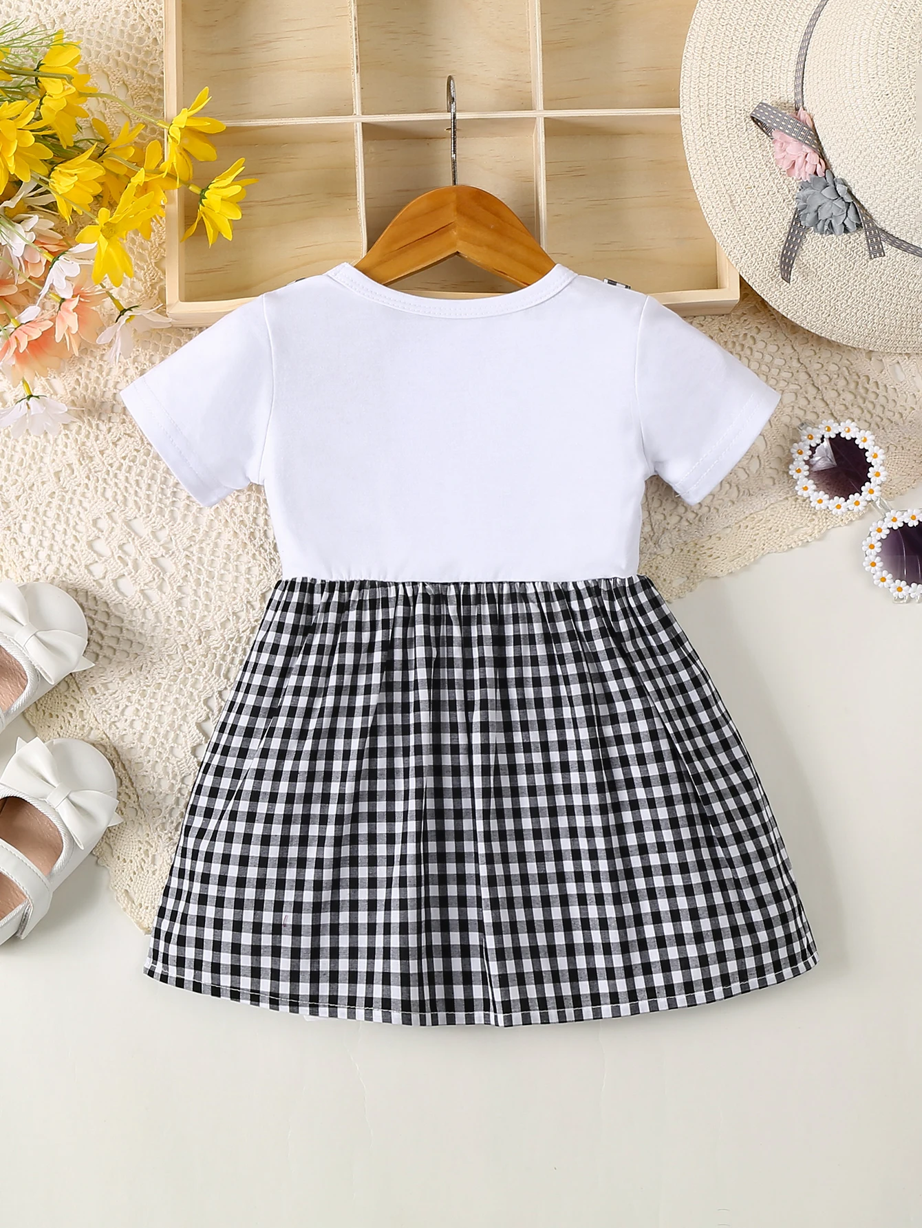 Baby Girl Baby Casual Letter Printed Knitted Short-Sleeved Patchwork Plaid Fake Two-Piece Skirt Bow Decoration Dress Summer