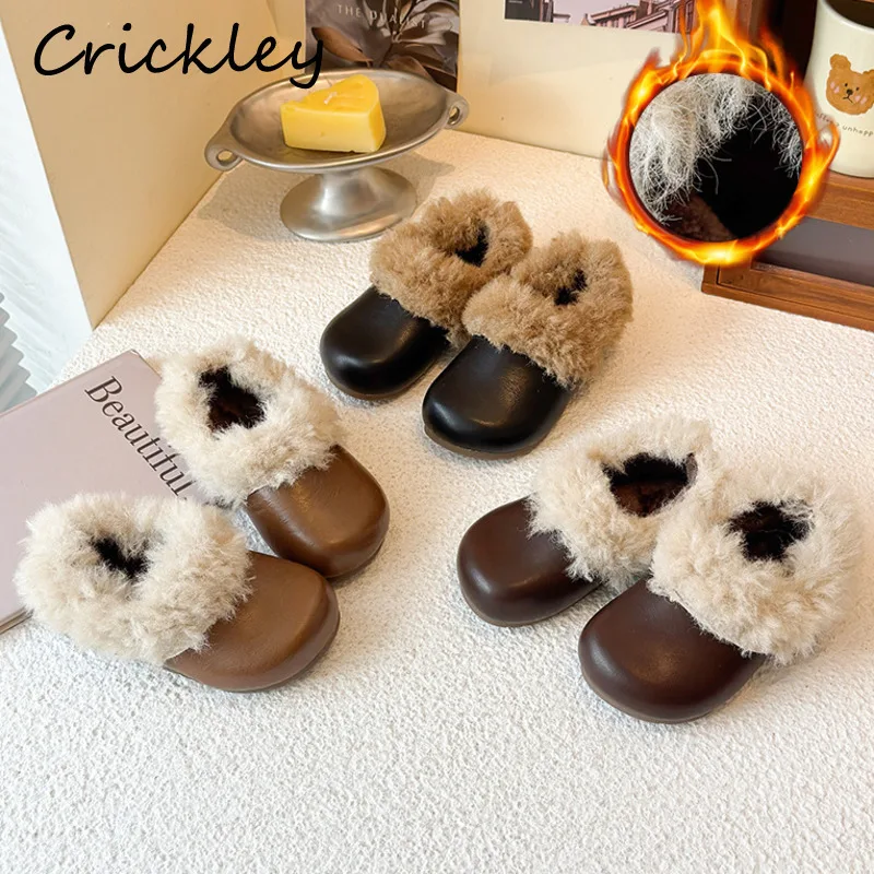 

Fashion Solid Girls Loafers Faux Fur PU Slip On Flats Shoes For Kids Plush Warm Anti Slip Soft Children Winter Shoes
