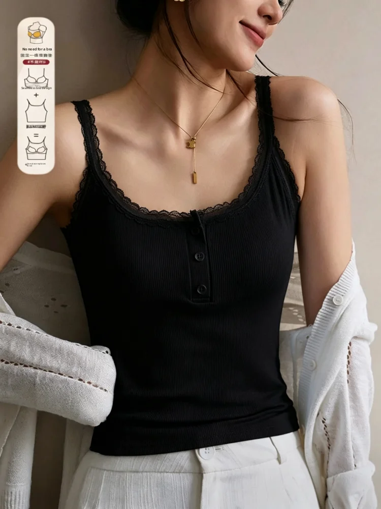 Lace Trim Cotton Blend Tank Top Women's Summer New Style plus Size Slim Fit Underwear Base Layer Inner Wear Outerwear