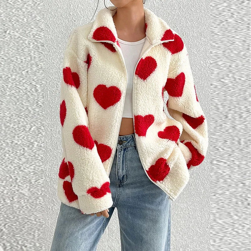 

Women's Autumn/Winter New Plush Love Printed Loose Long Sleeve Zipper cardigan Coat