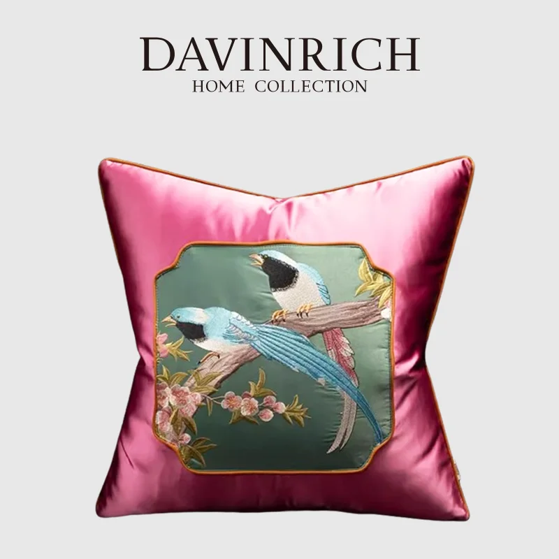 DAVINRICH Luxury Silk Decorative Throw Pillow Cover Floral Heron Exquisite Workmanship Embroidery Cushion Case For Couch Sofa