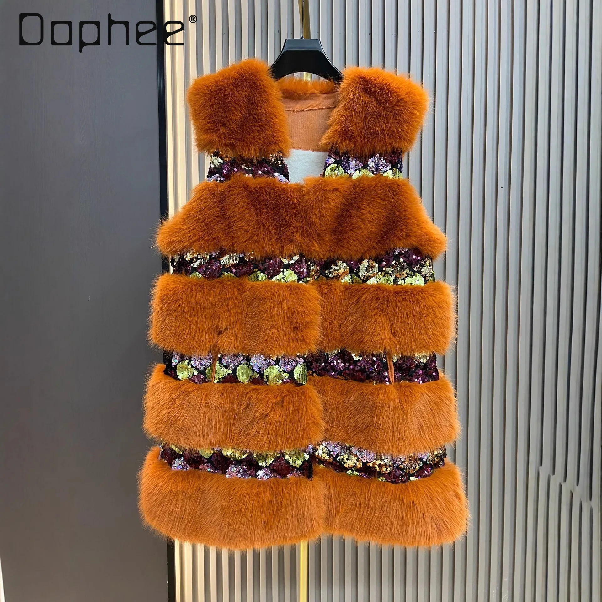 เสื้อกั๊กขนเฟอร์เทียมแบบยาวปานกลางสำหรับผู้หญิง ฤดูหนาว 2025 แฟชั่นใหม่ ประดับเลื่อม สวยสง่า กระชับสัดส่วน อุ่นสบาย