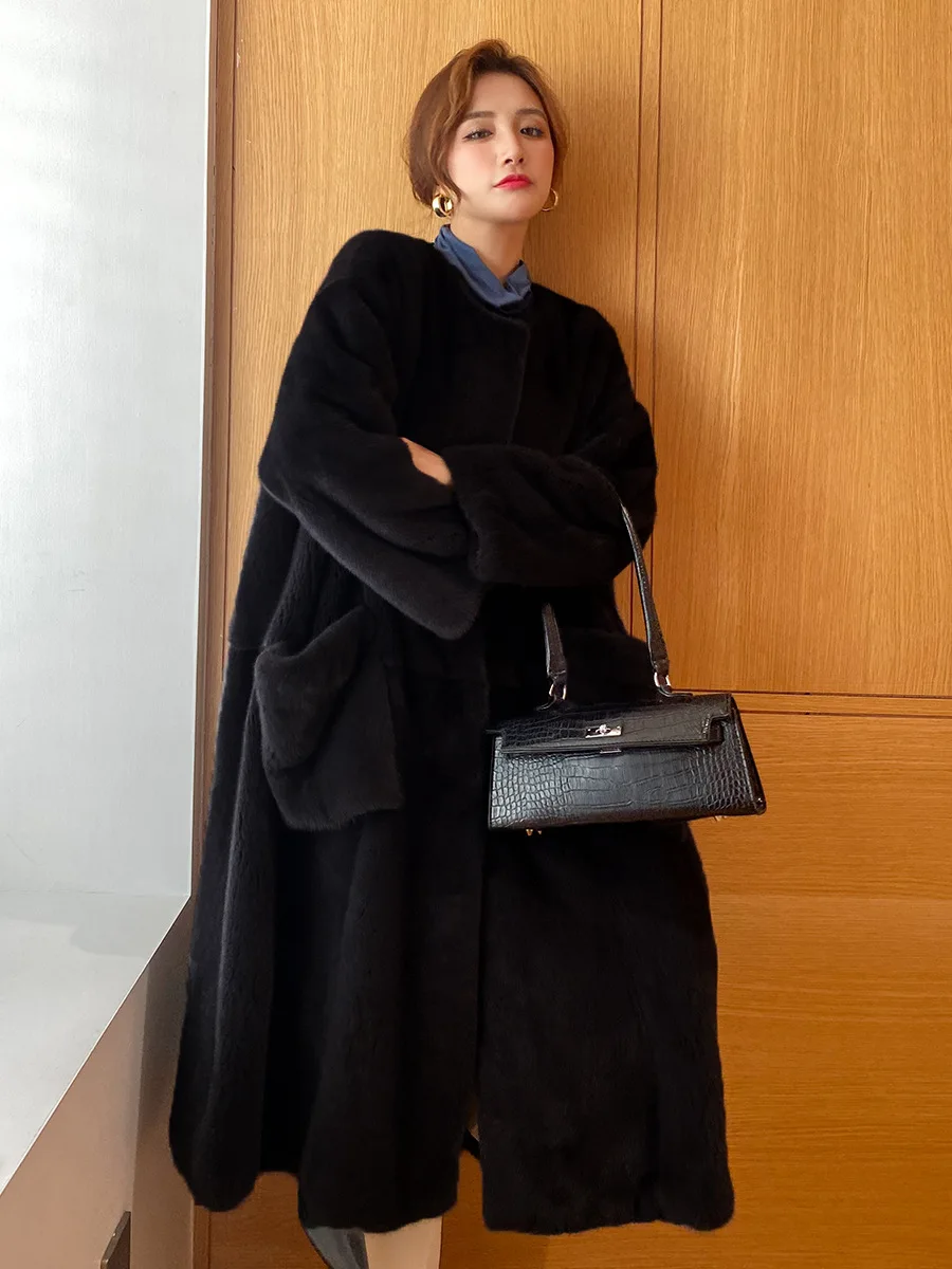 Women Faux Fur Coats Mid Length Fur Jackets Pocket Round Y2k Neck Long Sleeves Thick Warm Fur Loose Casual 2025 Autumn Winter