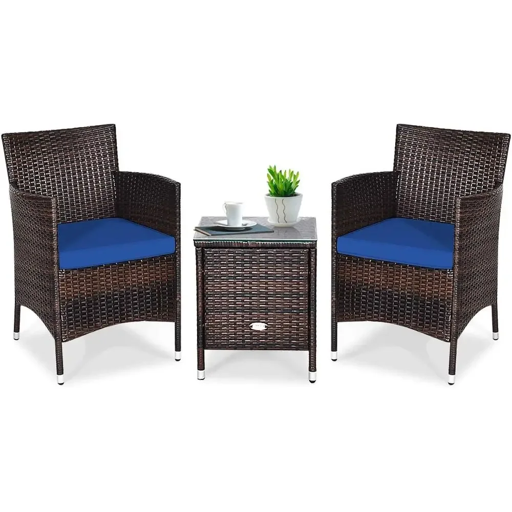 

3-Piece Wicker Patio Furniture Set with Cushions, Weather-Resistant Rattan Bistro Set for Outdoor Spaces, Navy