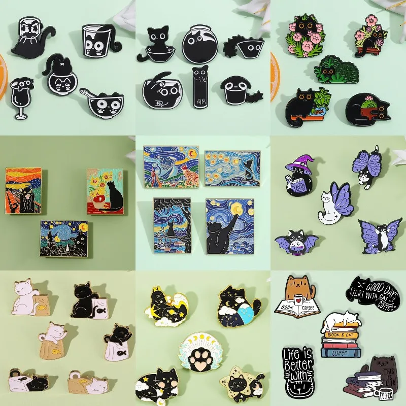 3~12pcs/Set Cute Cat Enamel Pin Cartoon Black Cat Potted Book Oil Painting Brooch Backpack Lapel Badge Gift Jewelry Wholesale