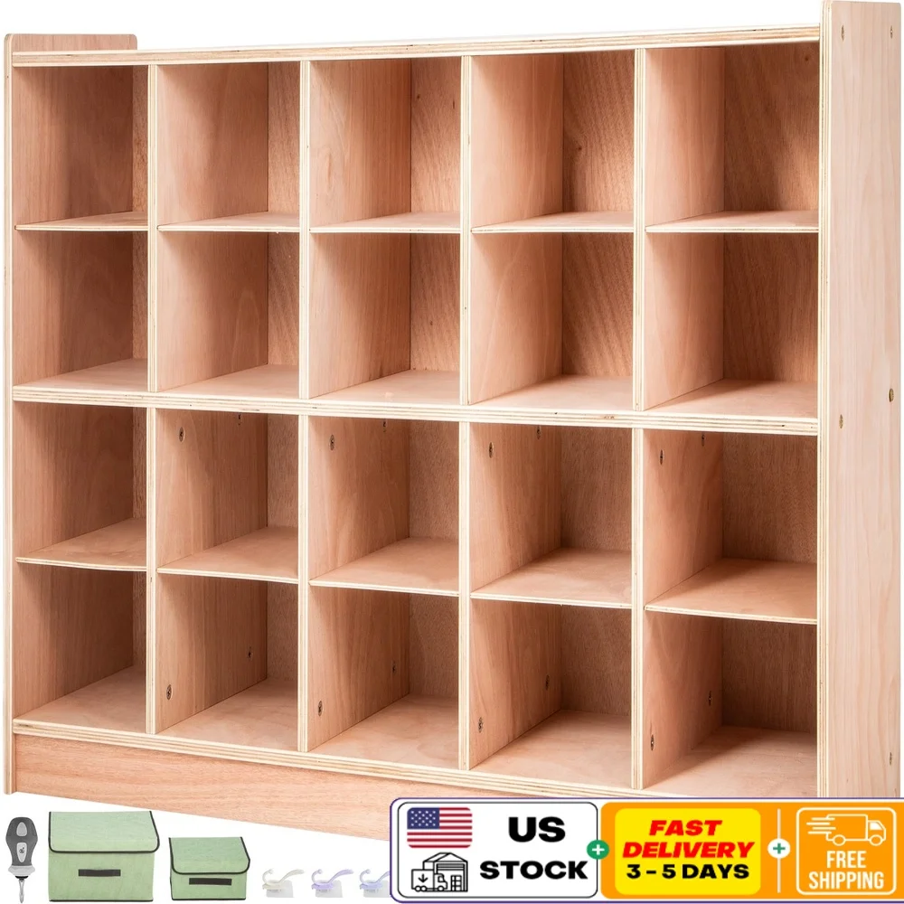 

20 Grids Wooden Storage Cabinet Organizer Cubby with Casters Classroom Preschool Toys Books Bins Hooks Durable Craft Furniture