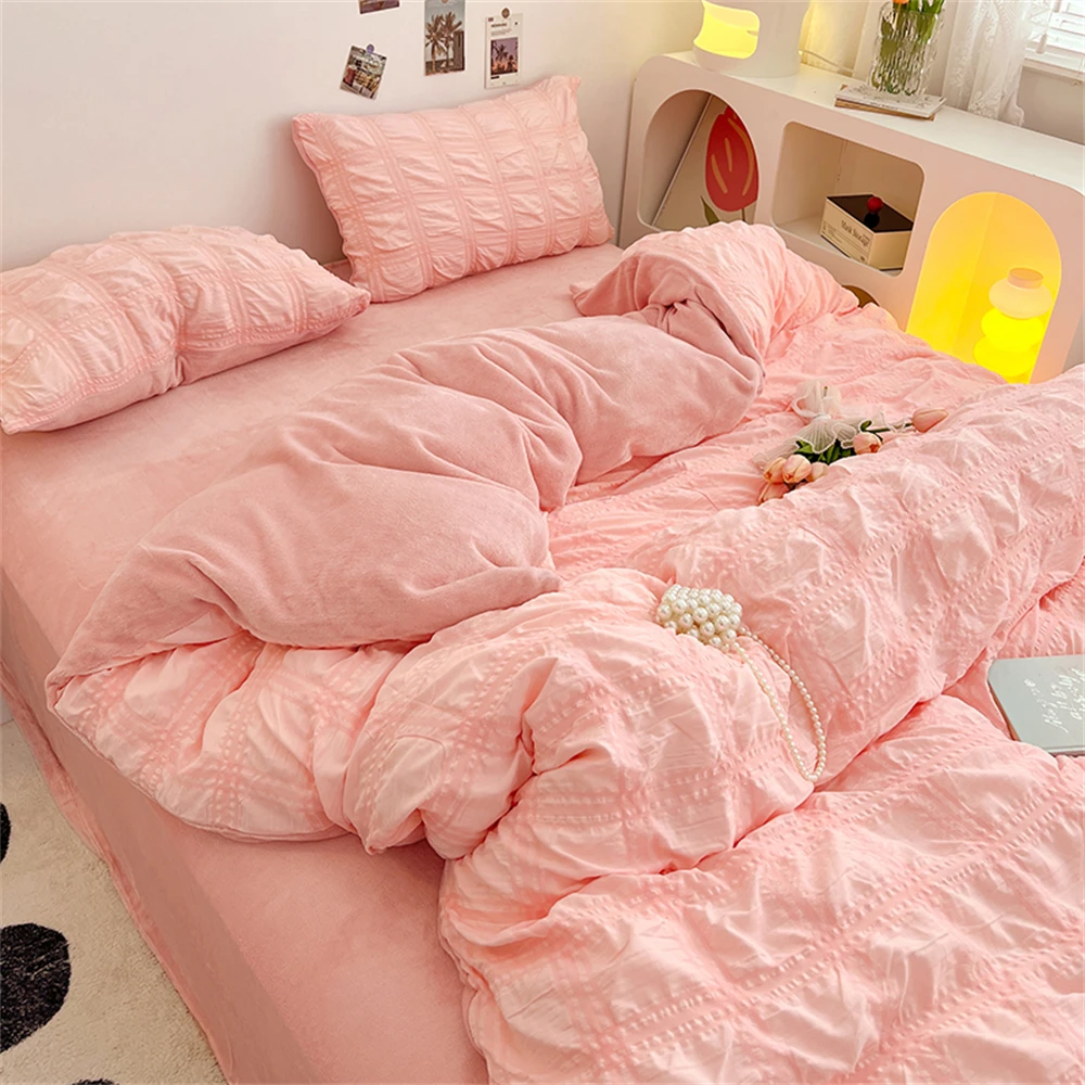 Korean Style Seersucker Solid Color Duvet Cover Comforter Thickened Covers Milk Velvet Bed Cover Bedroom Decor King Quilt Covers