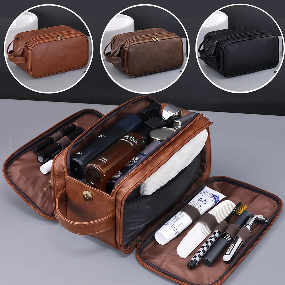 Toiletry Bag for Men, PU Leather Travel Toiletry Bag Hanging Travel Shaving Bag,Waterproof Dopp Kit, Business Trips Swim Camping