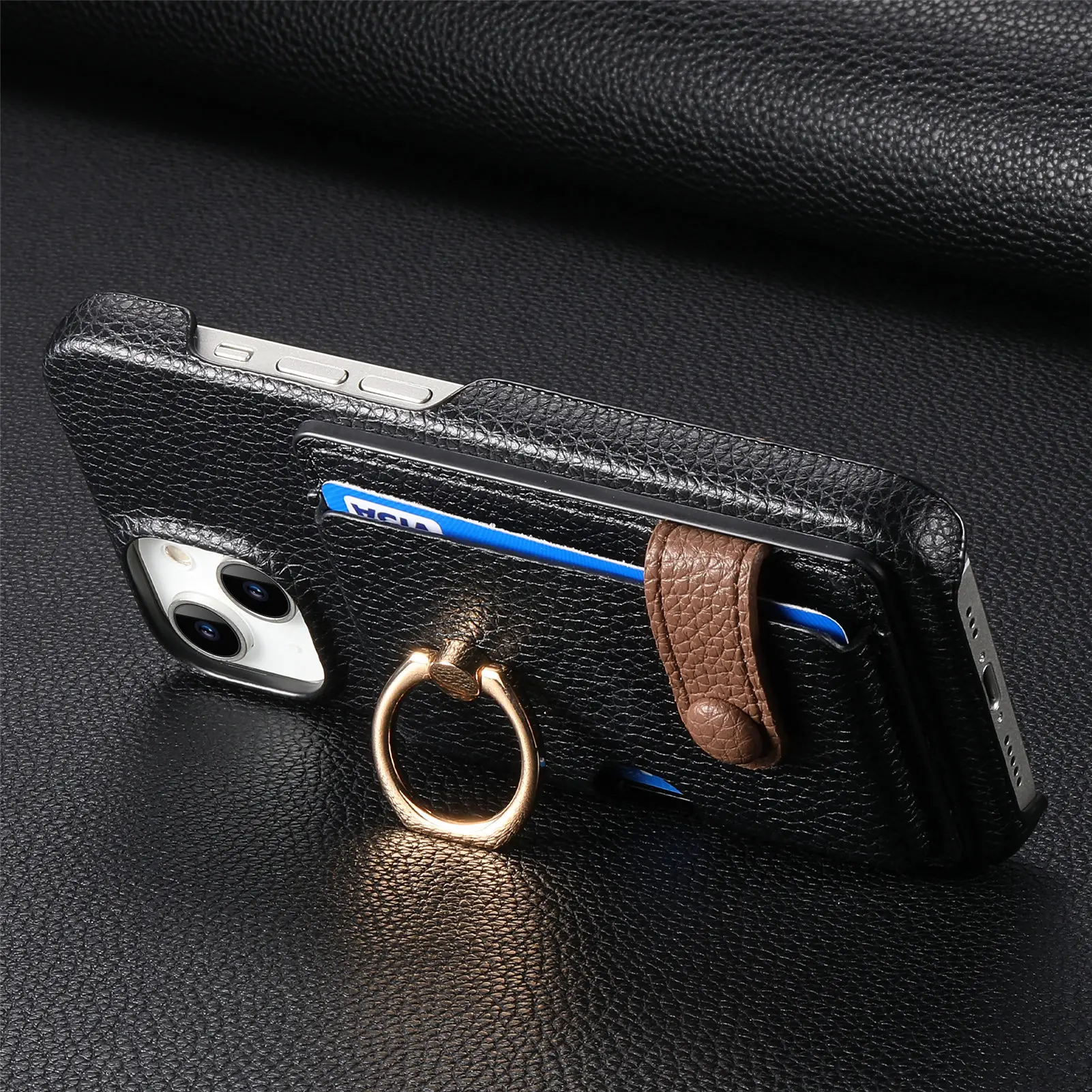 Leather Ring Support Phone Case for IPhone 17 Air 16E 18 16 15 14 13 12 11 Pro Max Plus Wallet with Card Holder Shockproof Cover