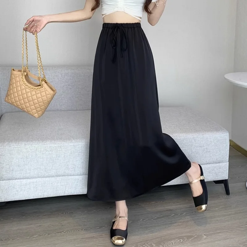 Fashion Elastic Lace Up All-match Solid Color Satin Skirts Female Clothing 2024 Summer New Loose Casual High Waist Skirts