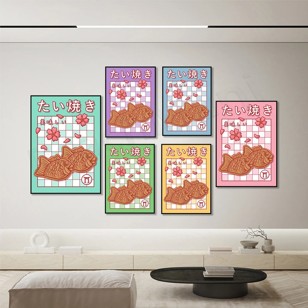 Trendiges Taiyaki-Poster, japanisches Essen, kariertes Muster, Vintage-Wandkunst, moderne Wandbilder auf Leinwand, Dekoration für Küche und Esszimmer