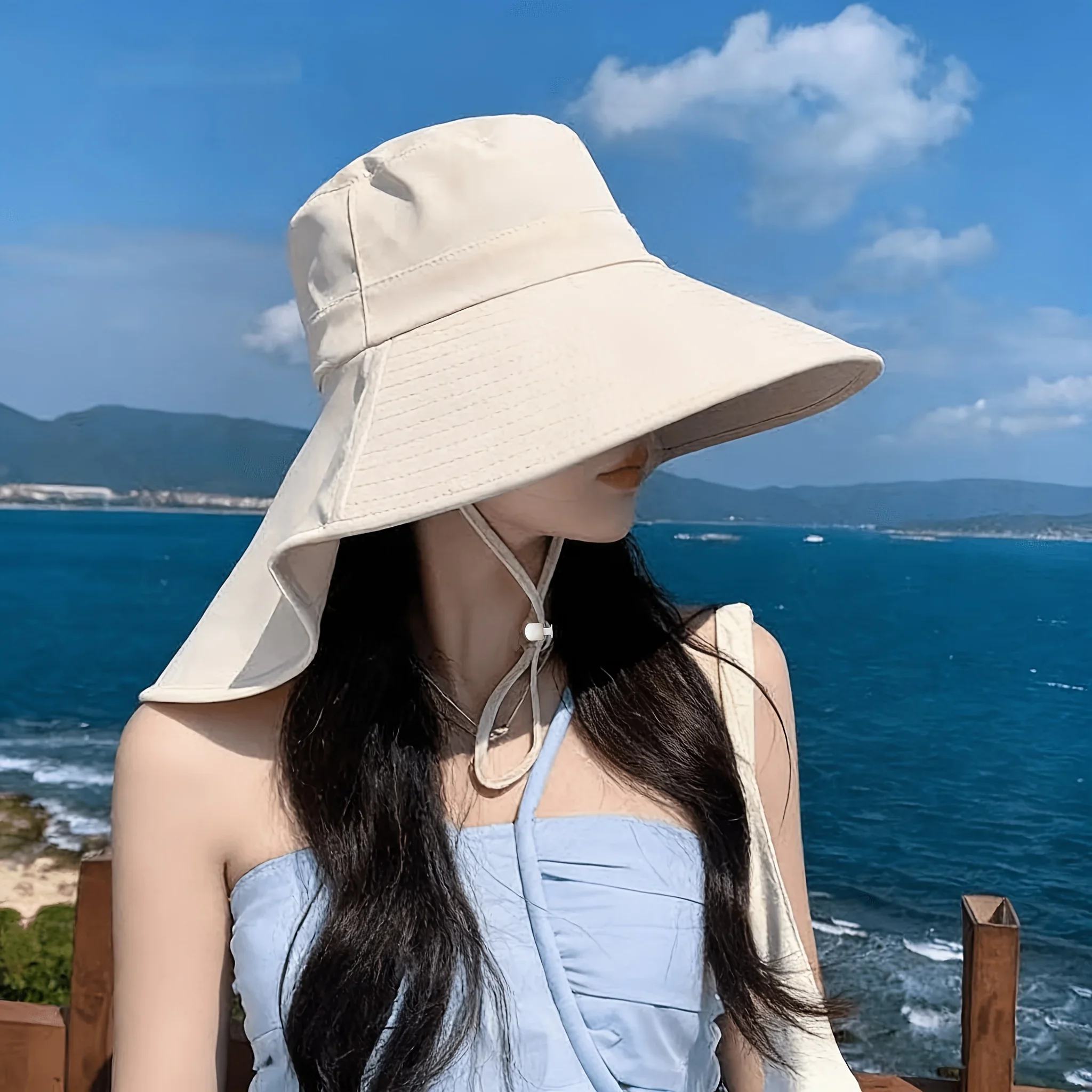 2026 Koreanischer Damen-Sommer-Sonnenhut mit großer Krempe, Nackenschutz, Sonnenschutzhüte, Baumwolle, einfarbig, Fischerhut, Damen-Visiere 모자 – Detail 3