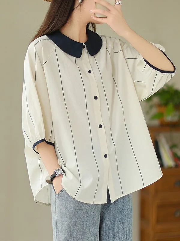 

Модная полосатая женская летняя блузка с коротким рукавом и воротником-стойкой, приталенная, больших размеров, в стиле колор-блок, в студенческом стиле, трендовый топ