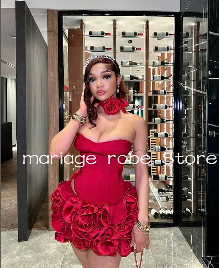 

Hot Red Mini Evening Cocktail Dresses Two Pieces 3D Floral Skirt Corset Sweetheart Top Birthday Party Gala Gown Customsized