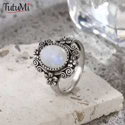 925 Silver Flower 8*10mm MoonStone Ring Vintage Style Ladies Party Jewelry gift for Women