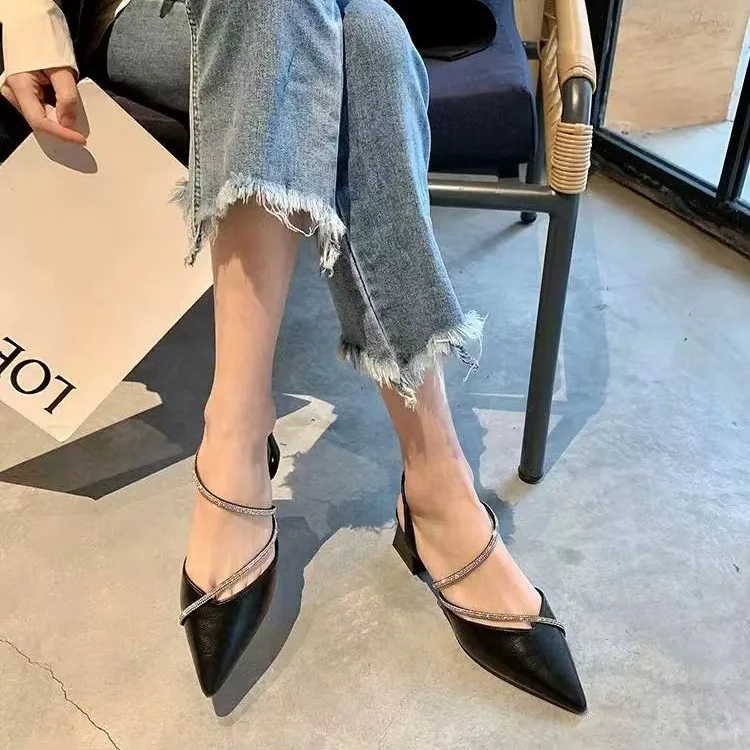 2024 Summer New Women\'s Fashion Comfortable High Heels Women\'s Shoes Slip-on Pointed Toe Rhinestone Sandals Zapatillas Mujer