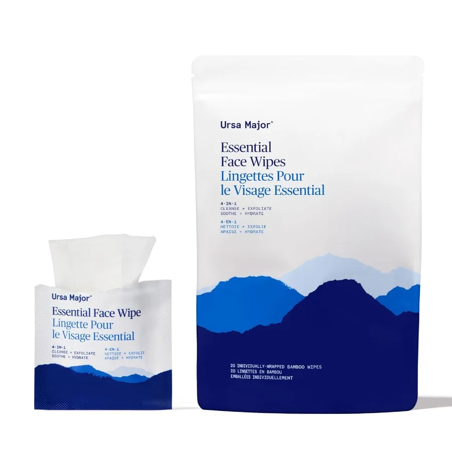 

Ursa Major Essential Face Wipes Natural Biodegradable CrueltyFree Cleanse Exfoliate Soothe and Hydrate Individually Wrapped 20