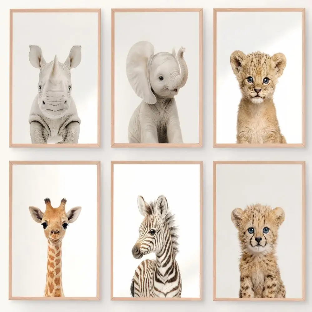 Baby Safari Animals HD Wall Art Poster Rhino Elephant Lion Giraffe Zebra Cheetah Nursery Kids Room Decor Minimalist Gift