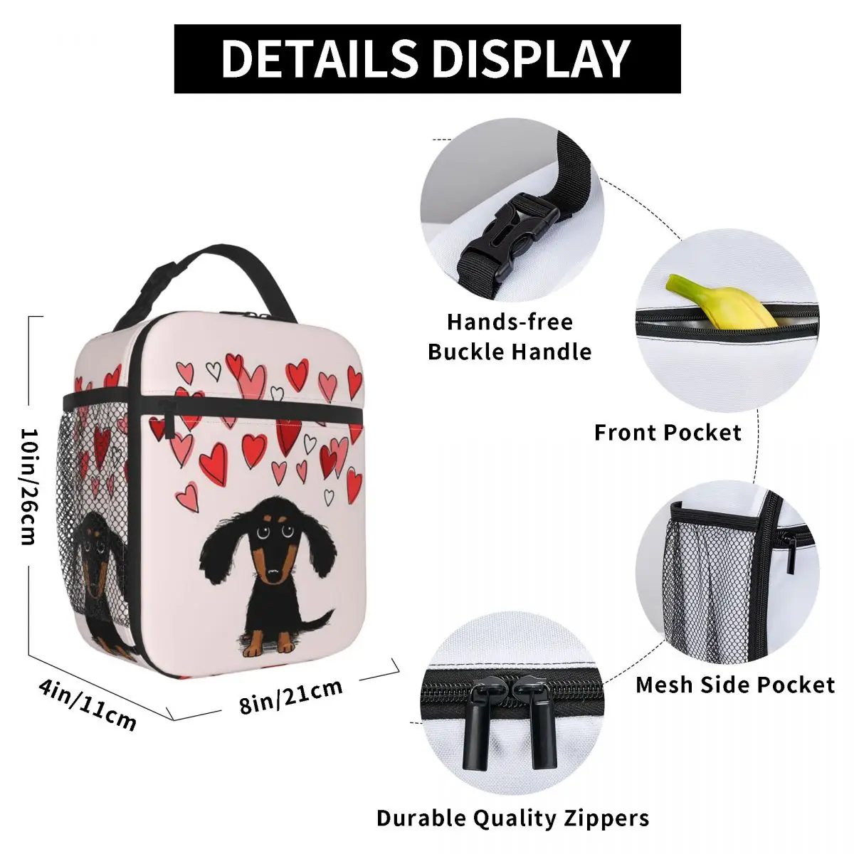 Cute Dachshund Puppy Dog With Valentine Hearts Insulated Lunch Bag Cooler Thermal Food Box Tote Portable Lunch Boxes Container