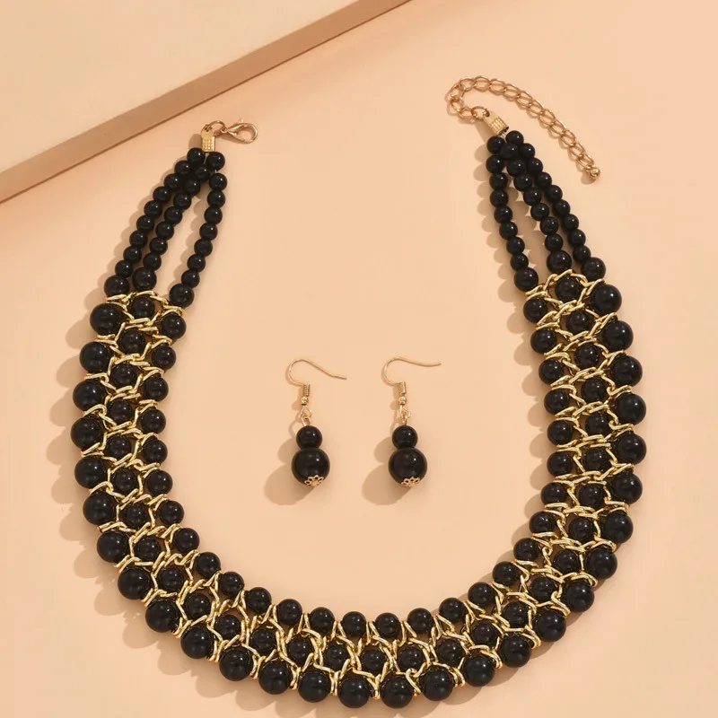 Jewelry Set Three Line Handmade Black Glasses Beads Necklace Earrings Set For Women Choker Necklaces Women Accessories