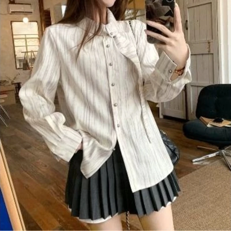 

Deeptown Striped Elegant Women Shirts Preppy Tie Long Sleeve French Fashion Blouses Female Aesthetics Loose Office Lady Casual