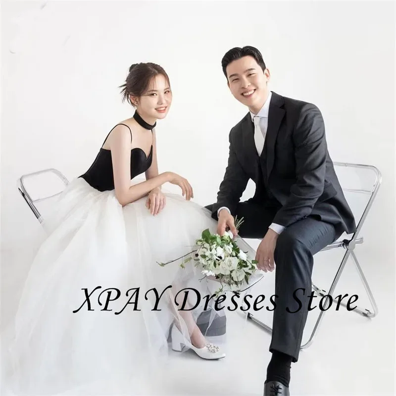 Xpay simples querida preto branco coreia vestidos de casamento cintas de espaguete vestido de noiva personalizado a linha sessão de fotos vestido