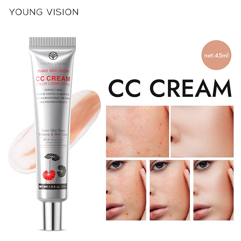 Corrector en crema CC corrector de Color de 45ml, base de maquillaje duradera resistente al agua y antisudor para mujeres, cosméticos de cobertura Natural