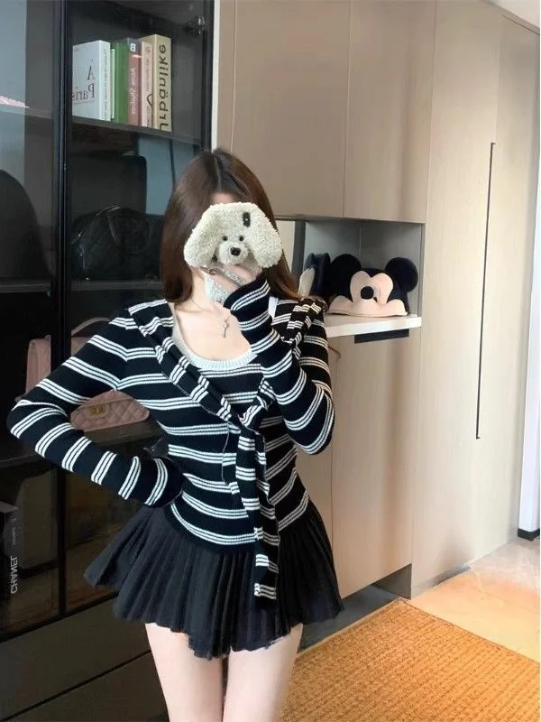 

Круглый вязаный свитер Ne Long Sve в полоску в стиле ретро, женский утягивающий топ с завязкой на талии, Pure Desire Spicy Top