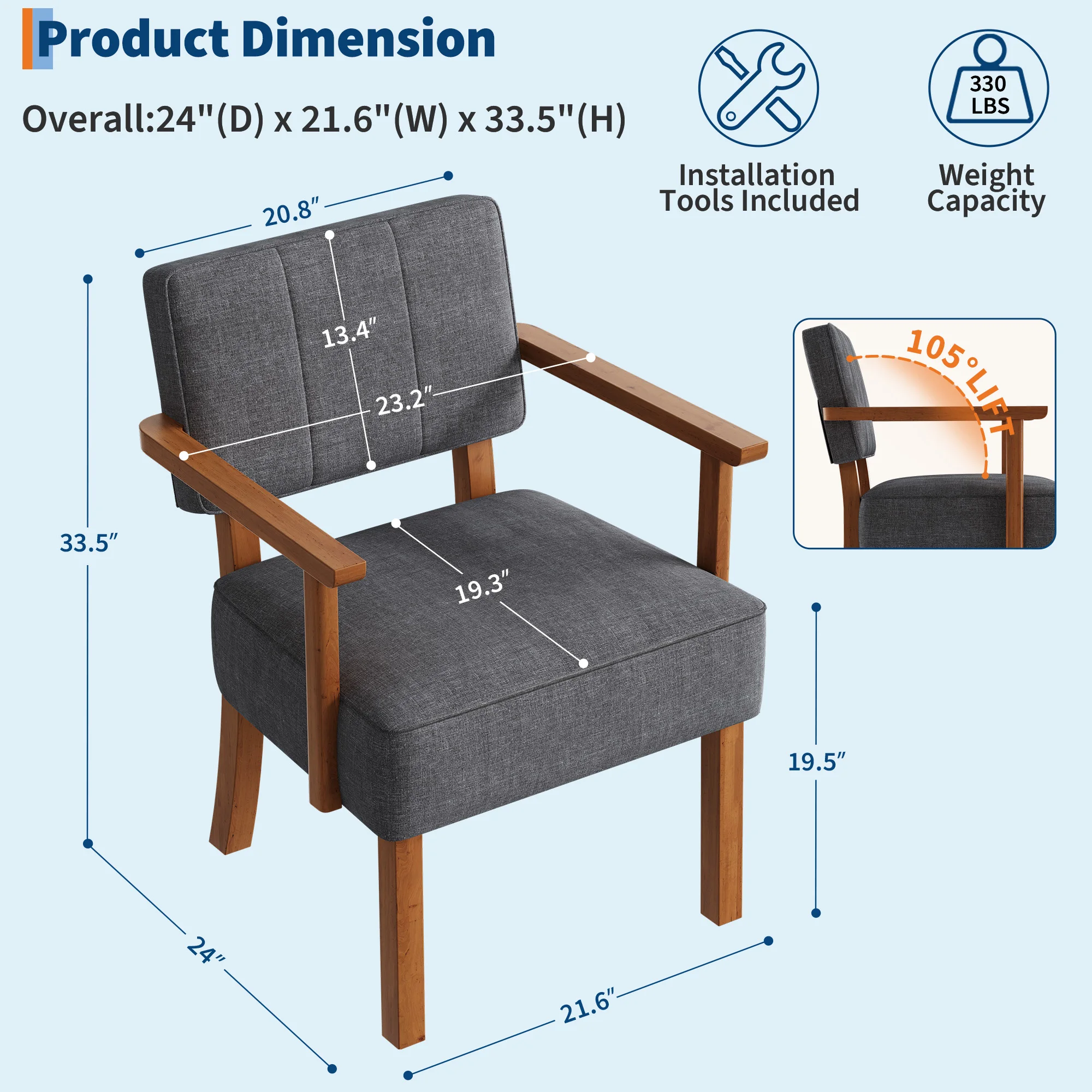 Mid-Century Accent Chair with Wood Frame. Linen Fabric Upholstered Lounge Armchair with Classic Vertical Stripe. Reading Leisure Chair for Living Room, Bedroom, Balcony, Grey (Only Chair)