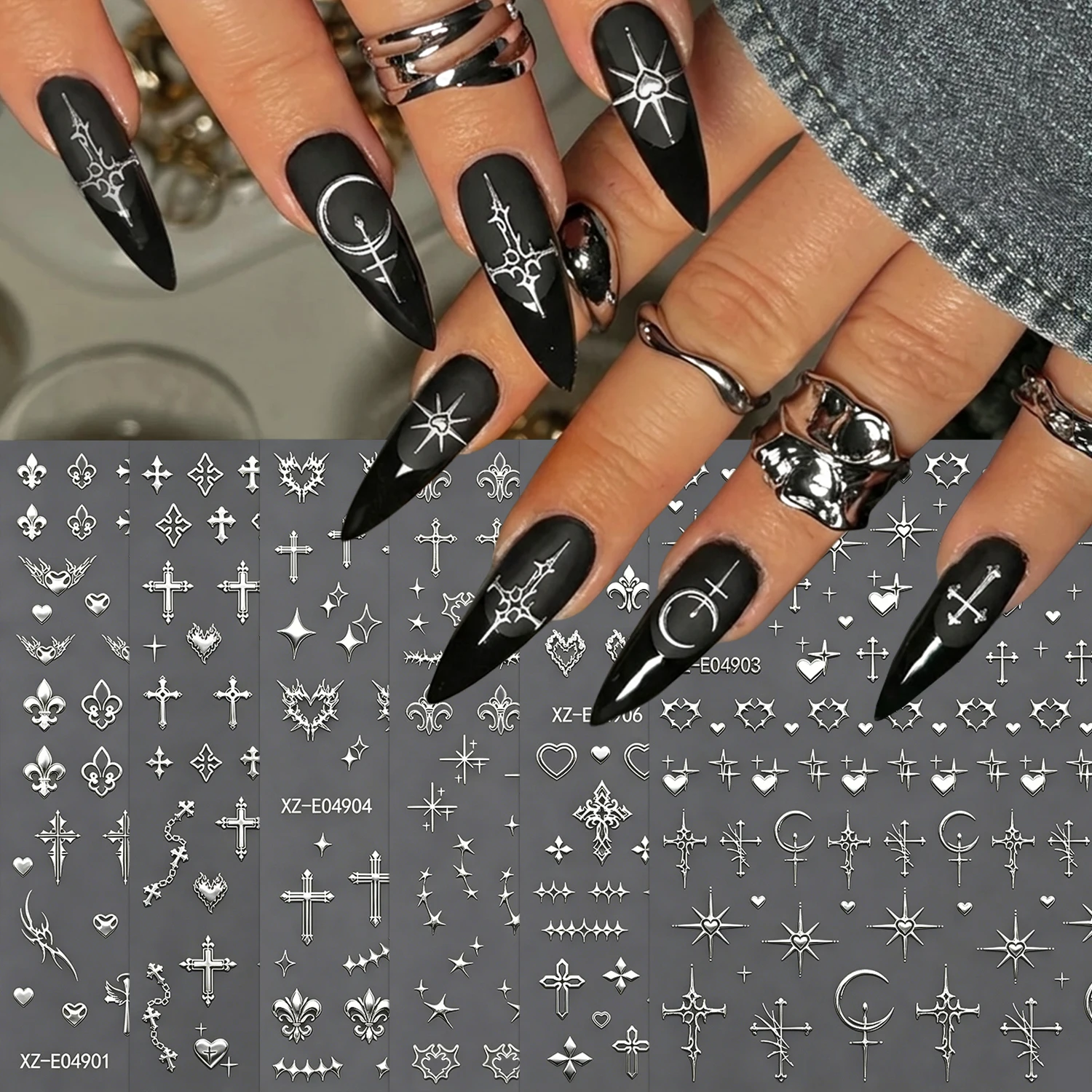 6 Stück/Set Metall Gold Kreuz Sternenlicht Nagelaufkleber Y2K 3D Glänzender Mond Stern Nagelsticker 8*10cm Selbstklebende Kreuz-Nageldekoration # 8 – Detail 2